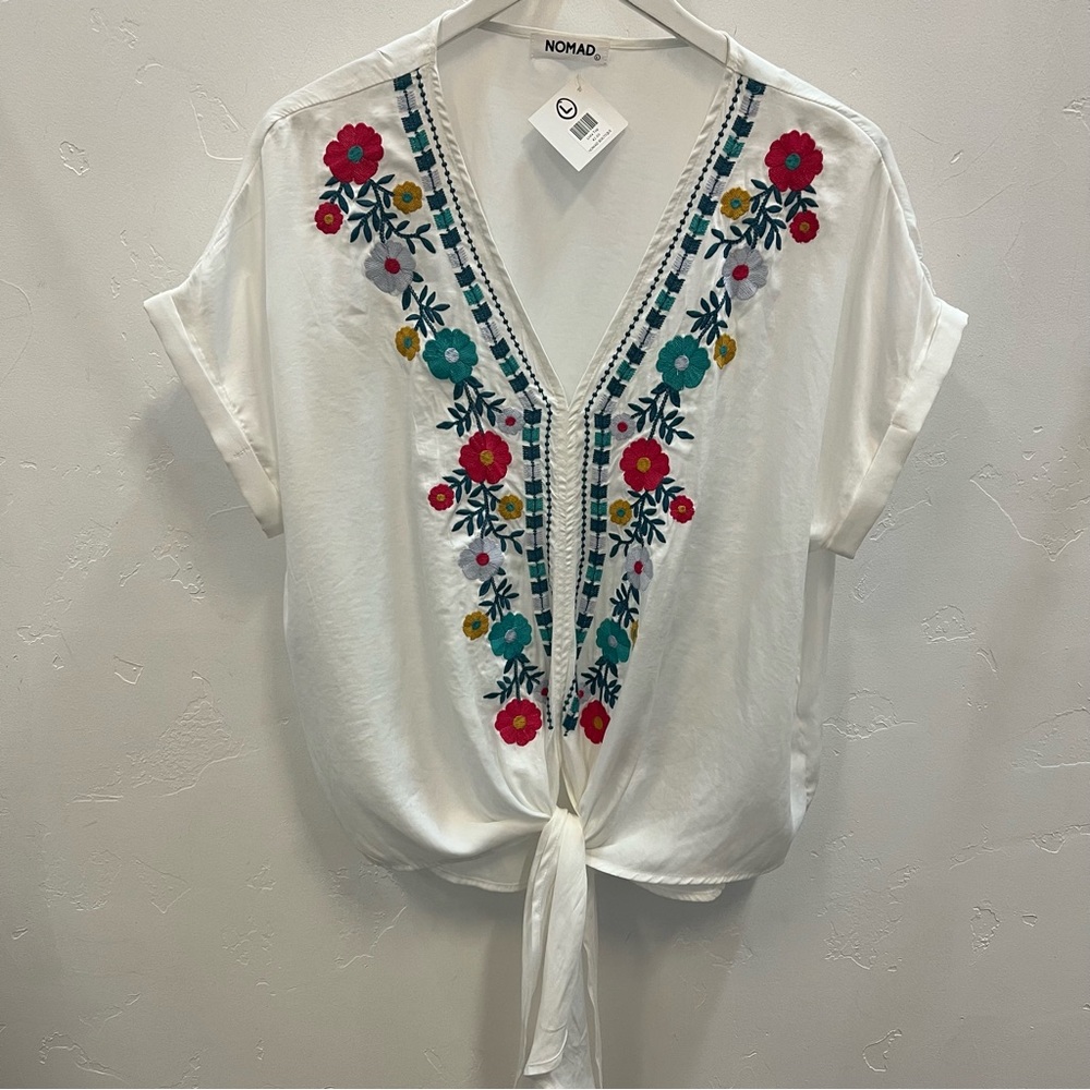 Floral Embroidered Front Tie Top